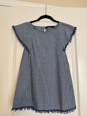 Doe & Rae Blue and White Striped Fringe Tank Top